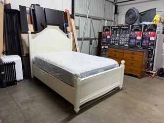 Full White Wood Bed Frame with Arched Headboard