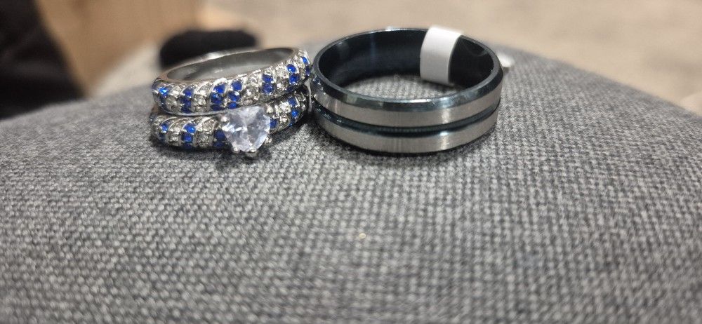 Blue/White CZ Diamond Engagement Stack & Blue Stripe Metal Ring