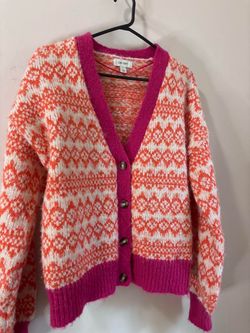 On 34th pink orange and white button up fuzzy cardigan