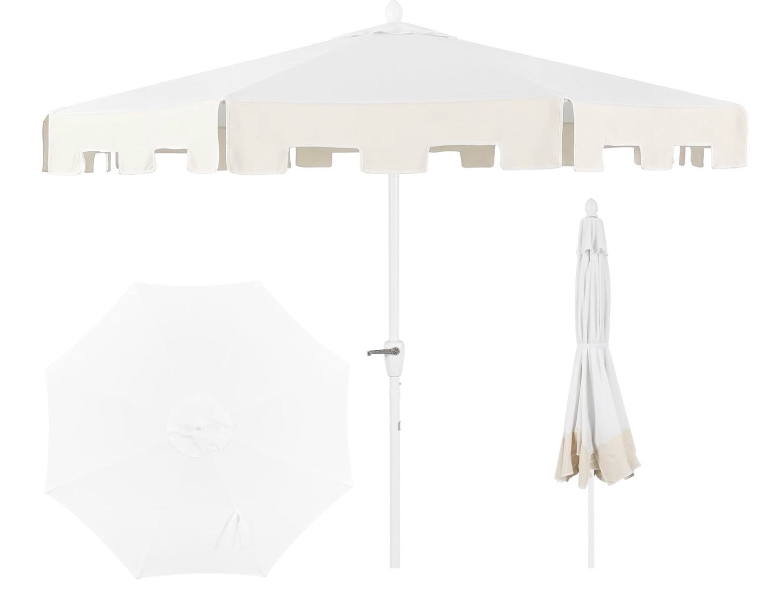 JONATHAN Y UMB1000B Baiona 9 ft. Classic MidCentury Market Patio Umbrella with UV Protection, Auto-Tilt, Crank and Wind Vent in White/Cream
