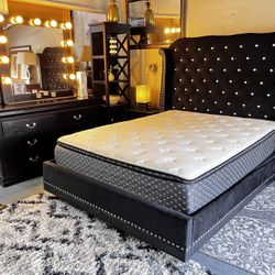 Queen Bed Frame with dresser, mirror, lights, and nightstand