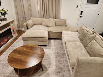 Beige Chenille U-Shape Sectional Sofa with Ottoman
