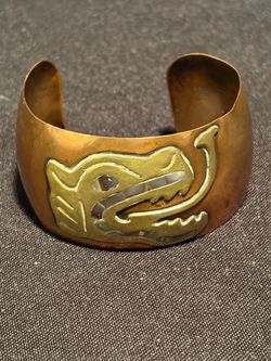 Vintage cuff bracelet- Mexico, copper and brass, inlaid mother-of-pearl
