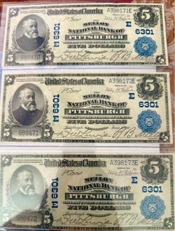 Very High Grade Uncirculated 1902 $5 Mellon National Bank Pittsburgh Notes x3 Consecutive Serial Numbers (Very Rare)
