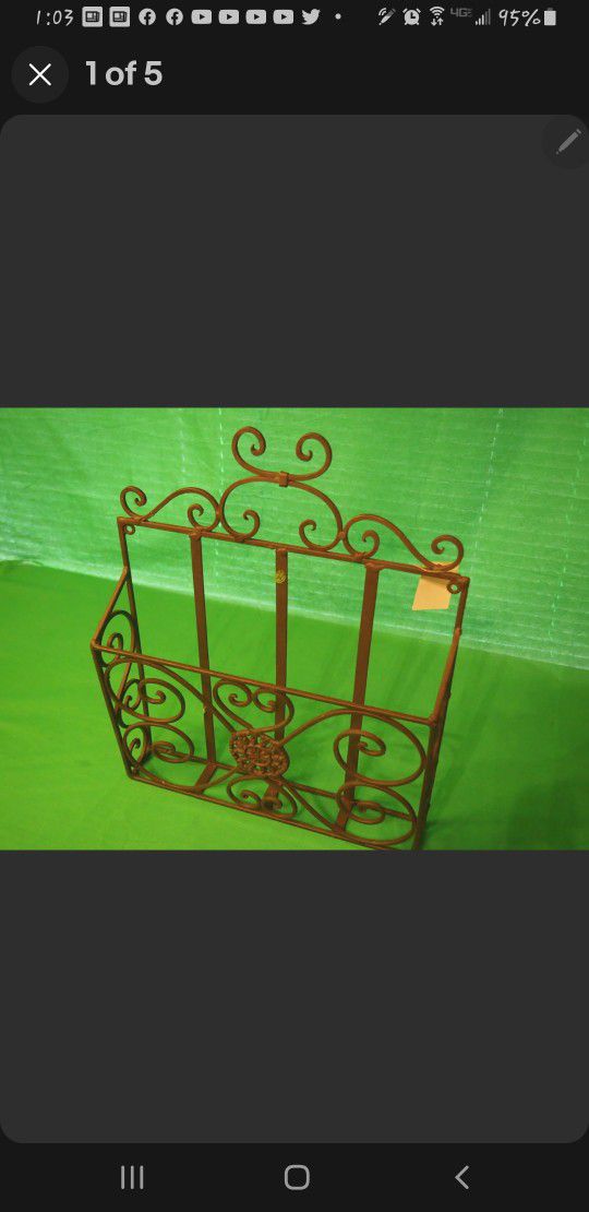 Ornate Metal Wall Mounted Magazine/Book Storage Rack or for other use. 