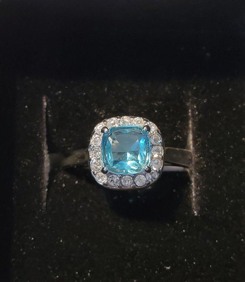 Sea Blue Cushion Cut Stainless Steel Size 7 Ring 