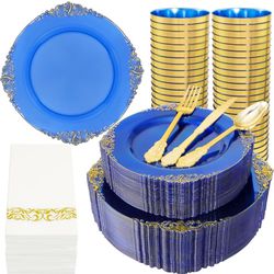 350PCS Blue Plastic Plates - Blue Plastic Dinnerware Sets for 50 Guests - 100 Blue Disposable Party Plates, 150Gold Plastic Silverware, 50Cups, 50Napk