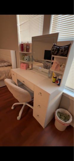 White Vanity Desk with Mirror and Shelves + Chair