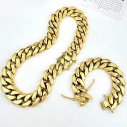 New 14k yellow gold filled Cuban link chain and bracelet set 
