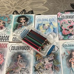 8 Coloring Books With Pencils 