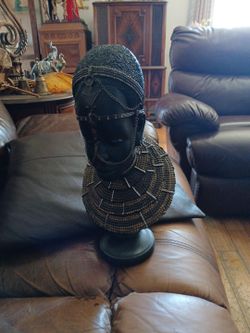 Handcrafted African Woman Bust Statue with Beaded Jewelry