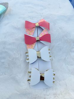 Girls Hair Bow Set of 4 White Gold and Pink Glitter Boutique Hair Clips