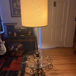 Vintage Hollywood Regency Gold Metal Floor Lamp with Glass Table 