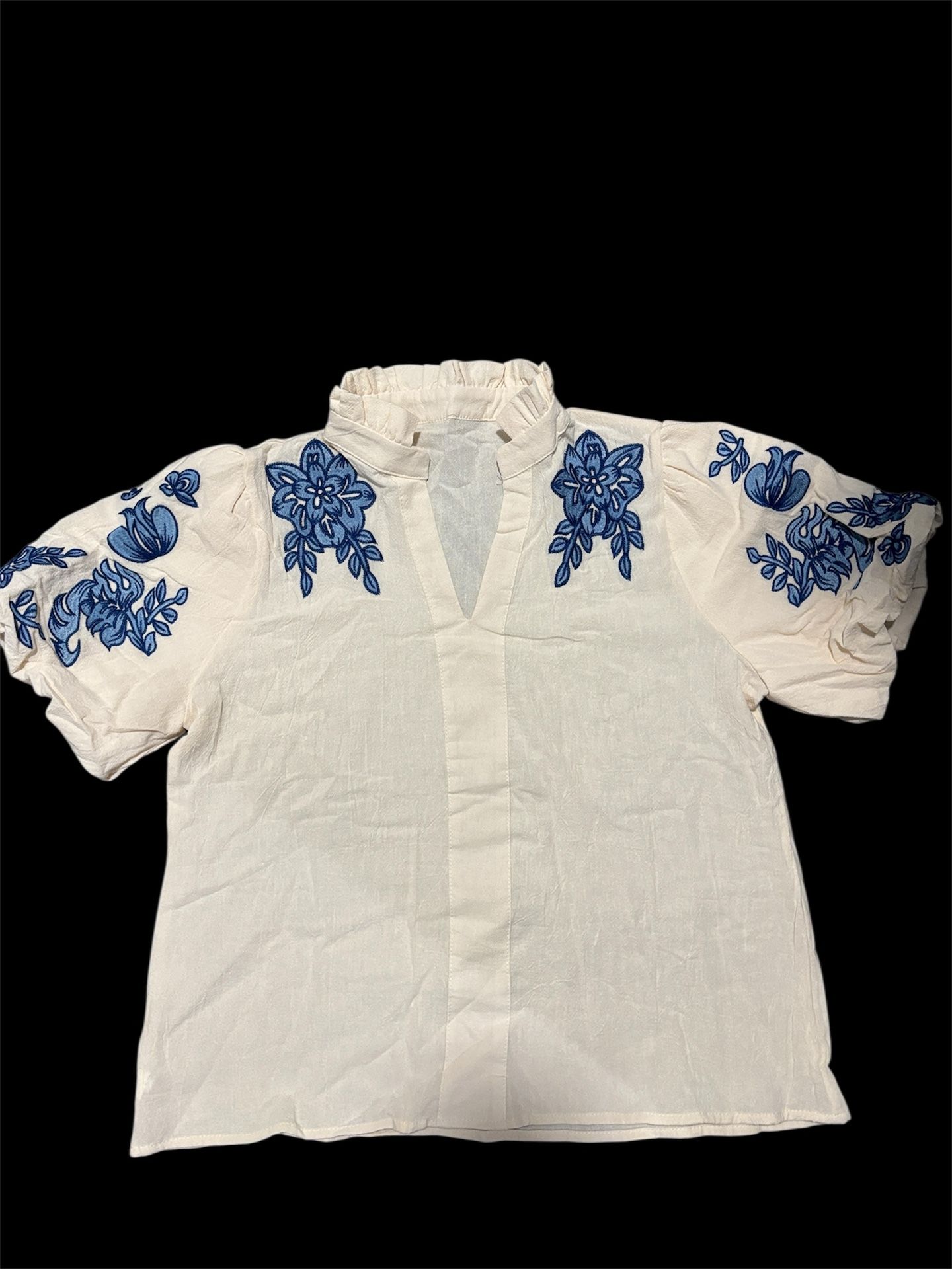 White and blue floral embroidered blouse with ruffled collar and sleeves  Light in the Box