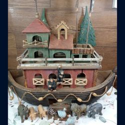 Vintage Sam's Club Exclusive Wooden Noah's Ark Set Poly Resin Animals 24" 
