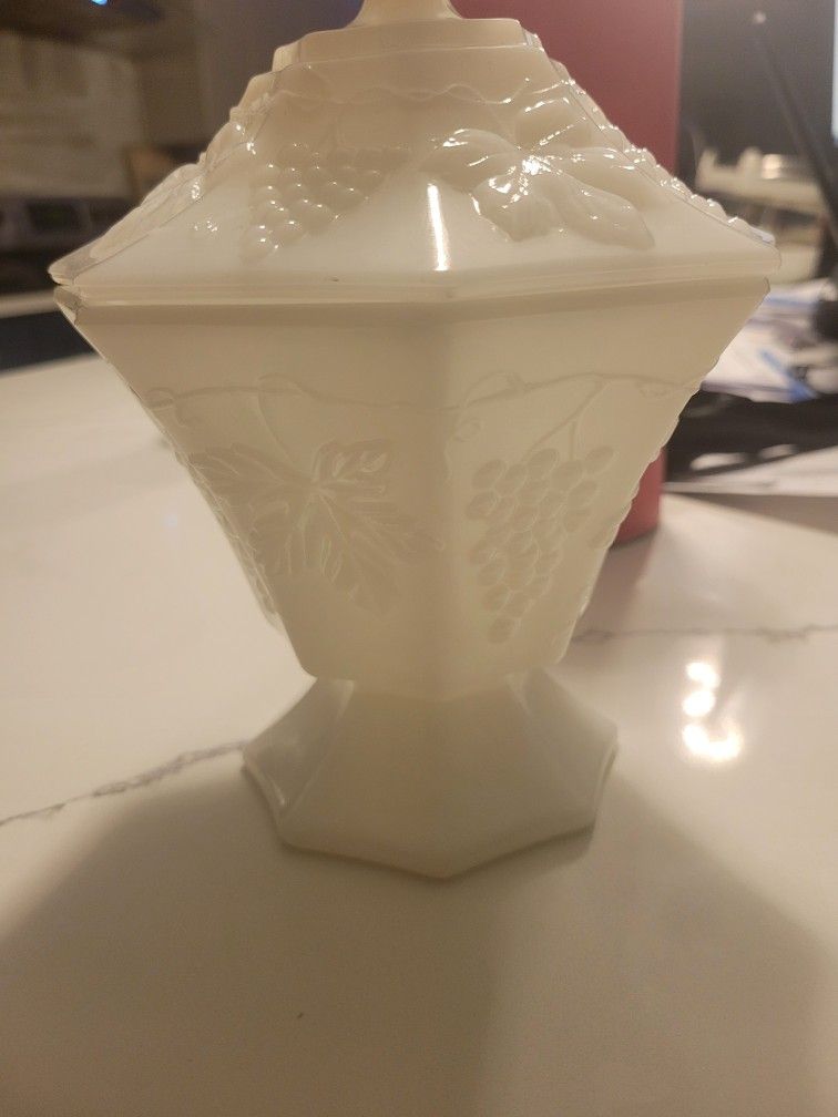 Vintage Anchor Milk Glass Covered Candy Dish Footed Lid