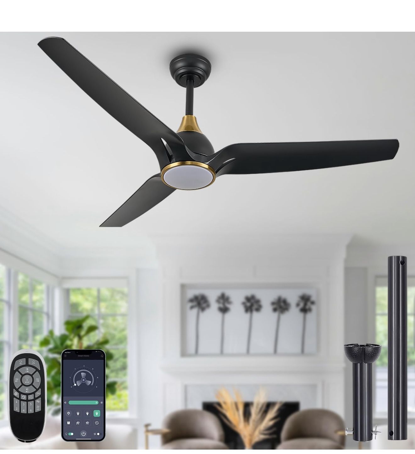Ceiling Fans with Lights,52 inch Black Ceiling fan with App and Remote Control,Reversible modern DC ceiling fans,3CCT,Dimmable,Noiseless,Ceiling Fan f