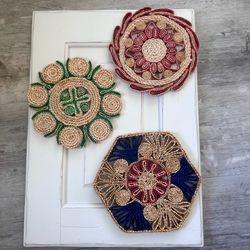 Set of 3 vintage woven raffia straw wicker trivets / boho wall art  All are approx 7”x 7”