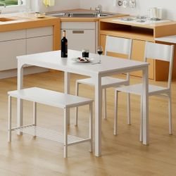 SOGES Dining Table Set of 4, Kitchen Table with 2 Chairs 1 bench, Use for Living Room Dining Room Kitchen, Rustic White
