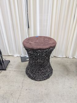 Round Velvet Ottoman with Woven Base