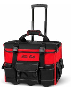 Rolling Tool Bag Wheels, 18-Inch Heavy Duty Tool Bag Organizer, Retractable Telescoping Handle, Durable Multi-Pocket Tool Tote Construction, Electrica