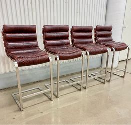 Restoration Hardware heavy stainless steel w/ top grain reddish brown leather “Oviedo” barstools