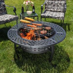 Fire Pit with Grill - 37” Round Fire Table Outdoor Firepit with 2 Grills, Lid, Poker and Cover by Pure Garden