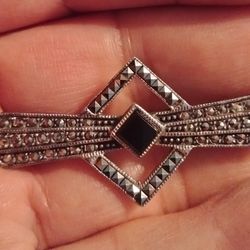 Vintage 925.Silver Brooch Pin Onyx Diamond Chips 