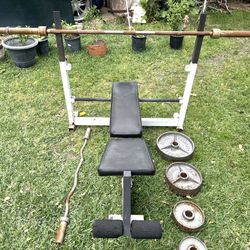 CAP Barbell Gray Olympic Cast Iron Weight Plates with bench bar and curling bar