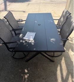 5Pcs Patio Outdoor Dining Set, of 4 Patio Swivel Dining Chairs and 78.7” Patio Spliced Rectangular Tabletop with Umbrella Hole