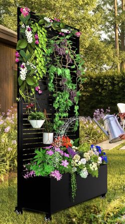 72” Metal Planter Box w/ Trellis Black Rolling Raised Garden Bed NEW 
