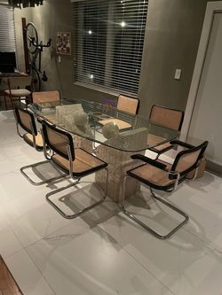 Glass Top Stone Base Dining Table with 6 Chairs