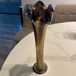 Carnival Glass Iridescent Ribbed Swung Vase