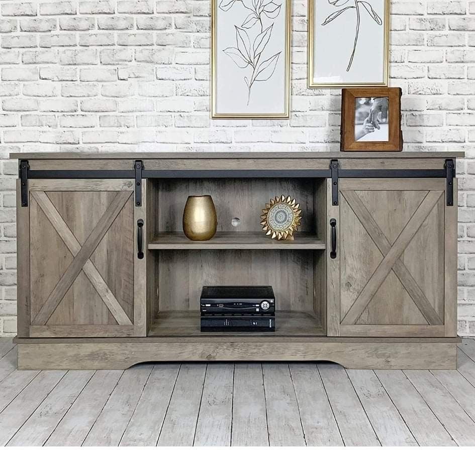 Washed Oak Living Room TV Stand Sliding Barn Door Design up to 65 inch TV
