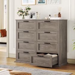 Dresser for Bedroom Wooden, Farmhouse Grey Wood Dresser with 8 Drawers, Chest of Drawers for Bedroom Large Capacity Closet Dresser, Hallway, Entryway,