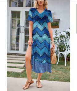 NEW Faux Denim Blue Chevron V Neck Midi Dress Plus Size 22