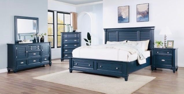 QUEEN SZ  PLATFORM BED W 2 STORAGE DRAWER,DRESSER,  MIRROR & NIGHTSTAND,  SLATE BLUE