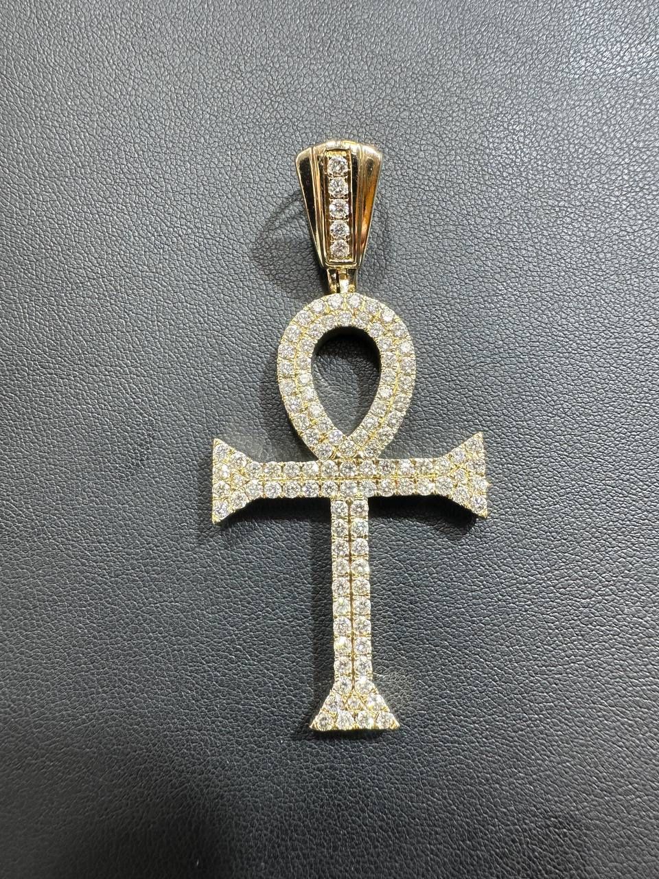 14k solid yellow gold 6ct VS Diamond DOUBLE ANKH CROSS ICED OUT PENDANT