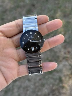 Bulova  Stainless Steel Date Black Diamond Dial Mens Quartz Watch