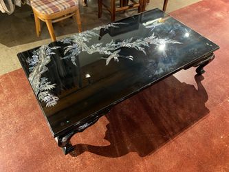 Black Lacquer Coffee Table with Iridescent and Mother of Pearl Inlay