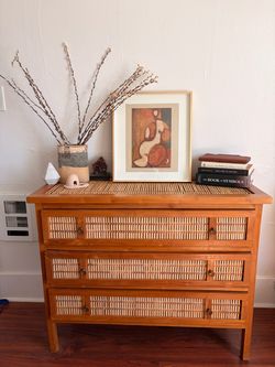 Teak Wood and Rattan 3-Drawer Dresser