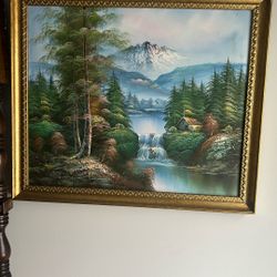 Vintage Framed Canvas Oil Painting River Nature Trees 