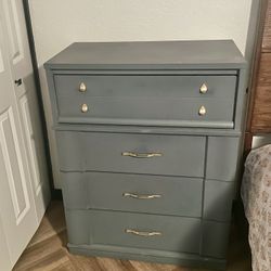Vintage Solid Wood Dresser – Blue-Gray Finish + Brass Hardware