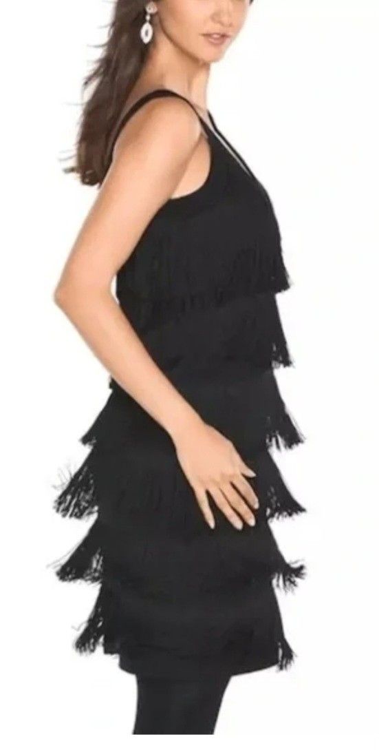 White House Black Market-FRINGE FLAPPER-Exquisite Little Black Cocktail Dress Size Medium