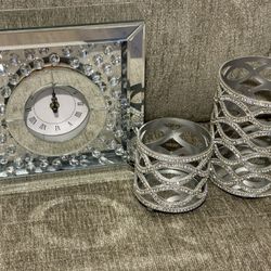 Mirror Clock And Candle Holders 