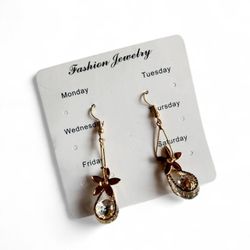 Gold Flower Teardrop Crystal Earrings NWT