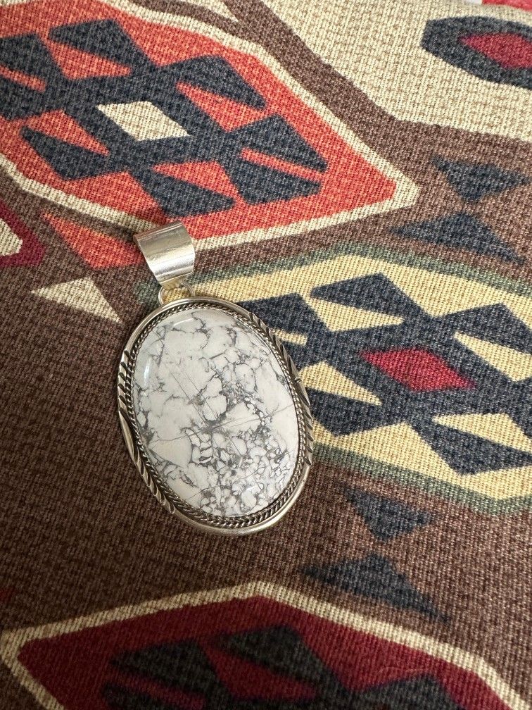 Navajo White Buffalo Turquoise Pendant Sterling Silver 