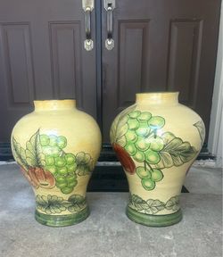 Large Matching Ceramic Floor Vases – Grape Vineyard / Tuscan Style – 20”Tall