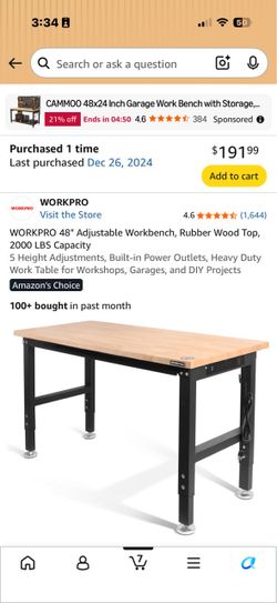 WORKPRO 48" Adjustable Workbench with Rubber Wood Top