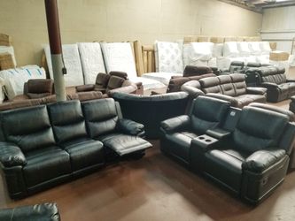 Black leather recliner living room set sofa and loveseat with console